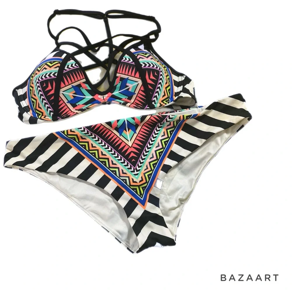 Rare Victoria's Secret Pink Strappy Swimsuit Bikini top Geometric Stripe Aztec S